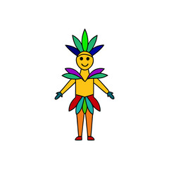 Joyful character in colorful festive costume with feathers