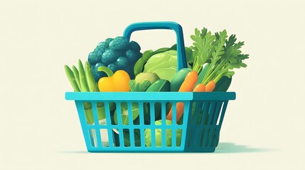 Brightly colored plastic produce container brimming with assorted fresh vegetables rests against a light background