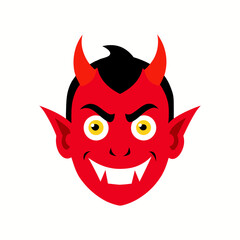 Cartoon devil face with red horns and yellow eyes