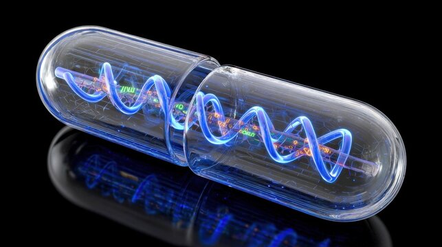 Futuristic glowing pill with blue light design for health and technology concepts on black background