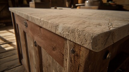 Close-up of a weathered, textured countertop with wood cabinets