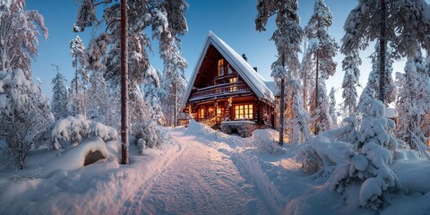 Cozy winter cabin nestled in snowy forest during early evening light with glowing windows