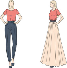 Fashion illustration of woman in casual t-shirt with pants and long skirt, stylish outfit design, modern clothing vector art drawing