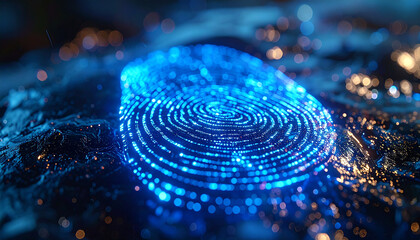 Digital Fingerprint: A luminous digital fingerprint glows with intricate detail against a futuristic, tech-inspired backdrop, symbolizing identity and security in the digital age.