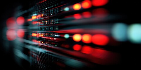 Data center technology with illuminated server lights at night showcasing high-performance computing environment