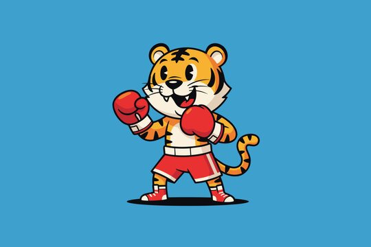Cute Cartoon Tiger Boxer Ready to Fight with Red Gloves.