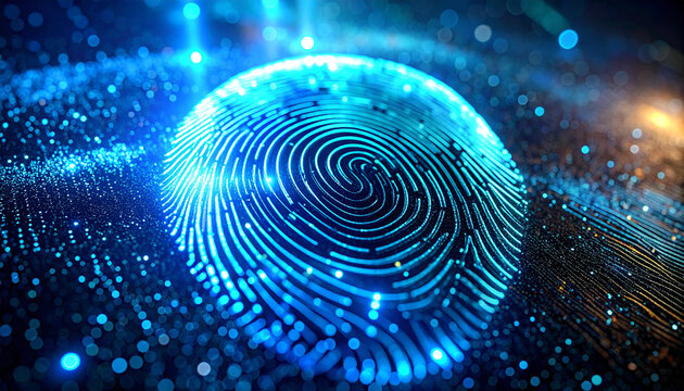 Digital Fingerprint: A luminous fingerprint glows with intricate details, symbolizing digital identity, security and technology in the digital realm. 