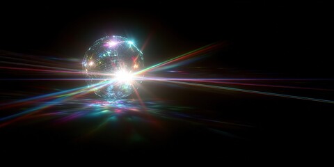 Colorful beams of light reflect from a spinning disco ball in a dark space, creating a vibrant atmosphere