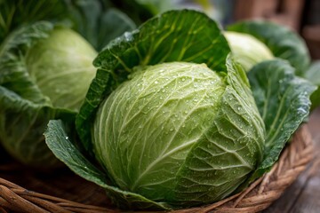 Obraz premium Fresh green cabbage with water droplets in a woven basket, capturing the vibrant texture and natural beauty of the vegetable, perfect for culinary and agricultural themes.