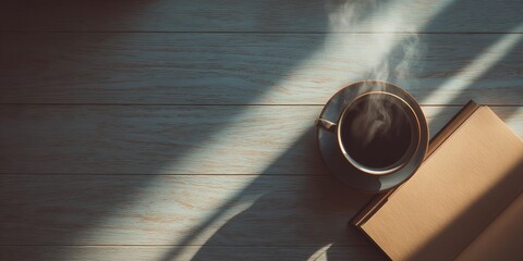 Warm coffee cup beside an open book on a wooden table during a quiet morning