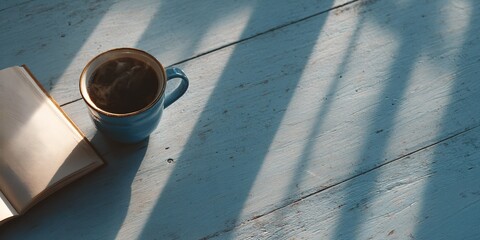 Cozy morning with coffee and an open book on a blue wooden table