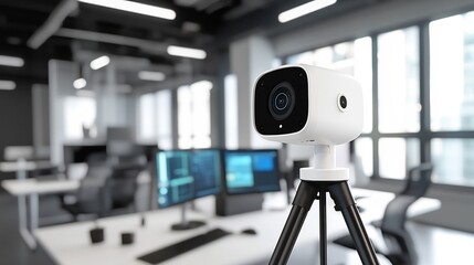 Sleek white IP camera on a tripod in a tech savvy office with computer monitors and keyboards capturing the workspace and featuring real time remote monitoring capabilities