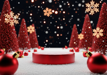 Red product podium on snow, surrounded by red Christmas trees, ornaments, and glowing snowflakes against a dark, dramatic night sky.