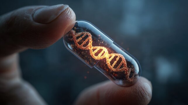 Hand Holding Transparent Capsule with Glowing DNA Helix Inside, Concept of Genetics, Medicine, and Biotechnology