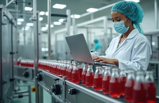 Woman in lab coat and hair net works on laptop near bottled drink production line. She checks quality control on conveyor belt at beverage factory. Clean plant.