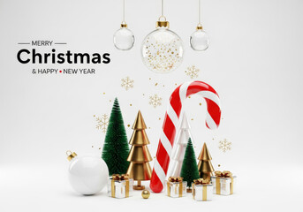 Minimalist 3D Christmas scene featuring candy cane, stylized trees, gift boxes, and hanging ornaments on a bright white background with text overlay.