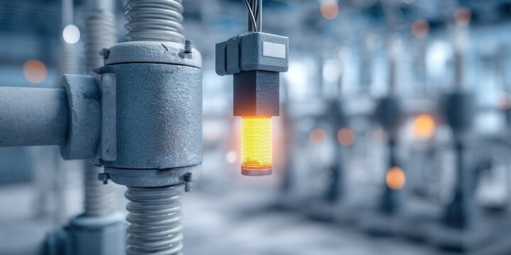 Industrial workspace with glowing indicator light and machinery in background during early working hours