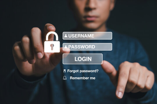 Man accessing online account with username and password emphasizing cybersecurity and data protection through a digital interface with login padlock and authentication features for secure access