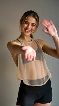 Una joven con un top transparente y ropa deportiva, capturando una est&eacute;tica de delicadeza y modernidad.