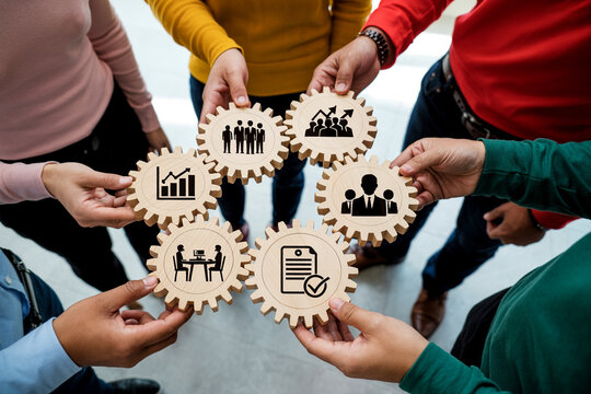 Team collaboration shown through interlocking gear icons representing business strategy teamwork data analysis and project management for achieving success and growth in the organization