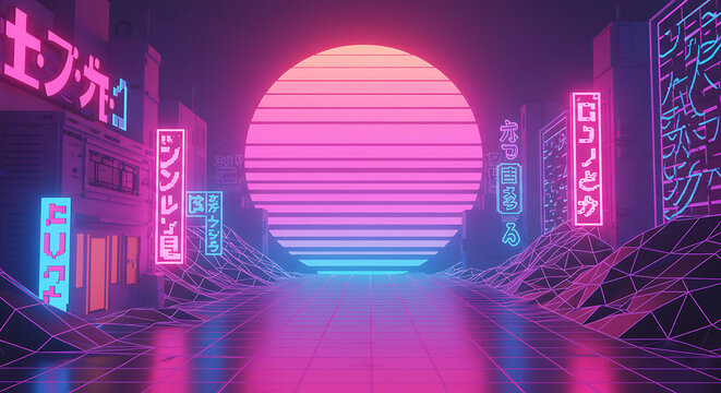 Retro Synthwave Cityscape with Japanese Neon Signs