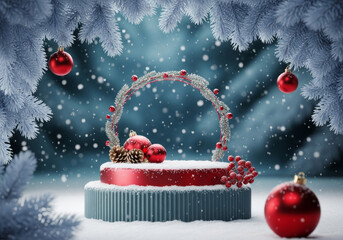 Dramatic winter product podium, red and blue, covered in snow, framed by frosted pine and falling flakes.