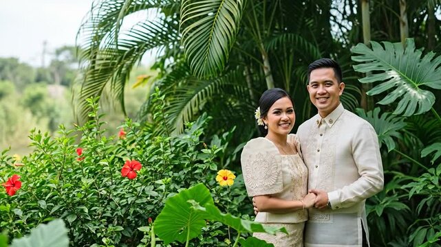 Filipino couple in traditional attire smiles warmly in tropical garden setting