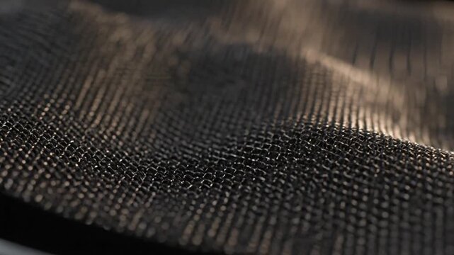 Close-up of a dark metallic mesh fabric showing intricate texture and reflective surface