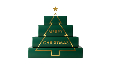 Festive green christmas tree made of stacked gift boxes with gold lettering and a star on top