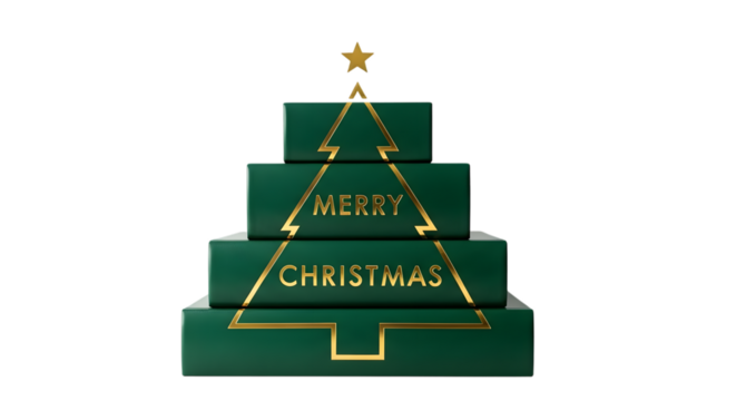 Festive green christmas tree made of stacked gift boxes with gold lettering and a star on top