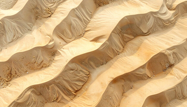 Aerial view of textured sand patterns, with light and shadow creating depth and dimension