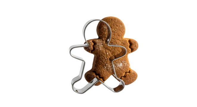 Close up of a gingerbread man cookie with a dark chocolate coating against a black background