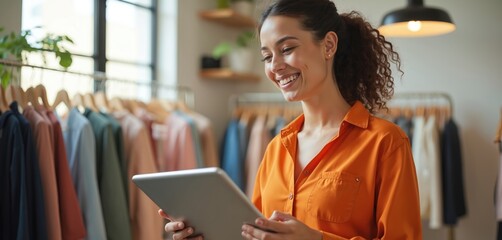 Smiling woman holds tablet computer in clothing boutique. Female store owner checks inventory and online orders. She manages her retail business using modern tech.