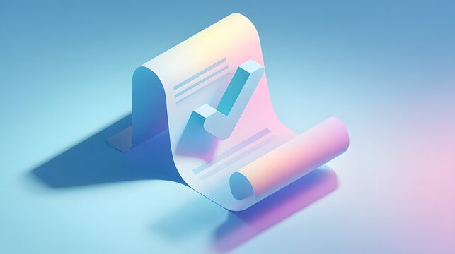 Three dimensional stylized document icon features prominent confirmation mark resting on a smooth surface - Powered by Adobe