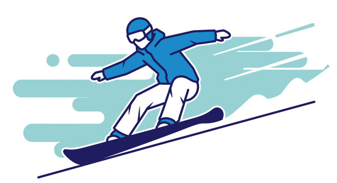 A person snowboarding down a snowy slope, wearing a blue jacket and white pants, with goggles.