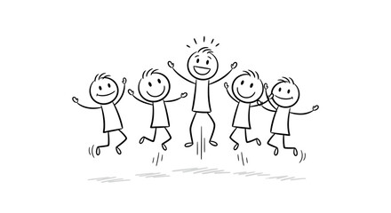 A group of stick figures joyfully jumping in the air with smiles on their faces.