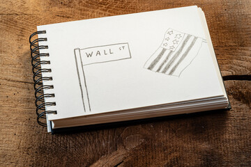 hand-painted sketch of Wall Street sign and flag with stars and stripes, business concept for stock market