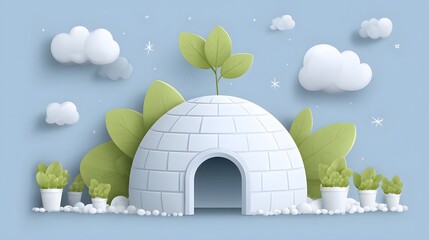 Simplified depiction of a snow shelter surrounded by thriving green vegetation under a pale blue sky