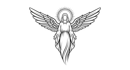 Illustration of an angel with wings spread and a halo above its head.