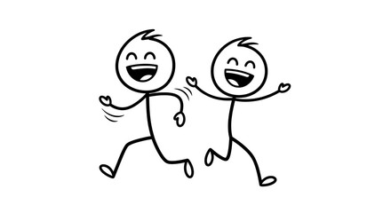 Two happy stick figures joyfully running together with wide smiles and open arms.