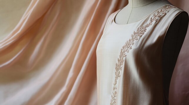 Sleeveless kurti with subtle minimalist embroidery running down one side placed on a dress form with a softly draped silk fabric in the background bathed in natural light