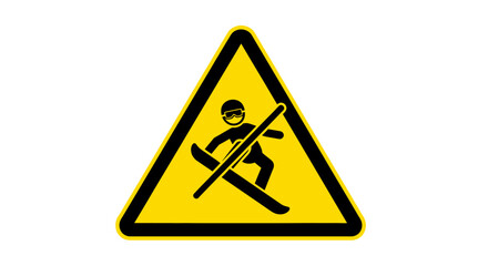 Warning sign depicting a stick figure skier with skis crossed out, indicating a prohibition or danger.