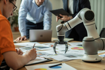 Robotic arm assists in collaborative design review with engineers analyzing blueprints and data on a table showcasing automation and technology in a modern office environment for innovation