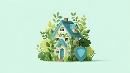Naklejka premium Stylized illustration depicts a cozy dwelling surrounded by abundant foliage and a prominent protective emblem