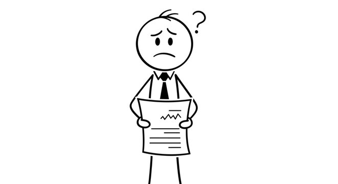 Confused stick figure businessman holding a document with a question mark above his head.