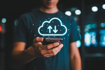 Person using smartphone for cloud data transfer showcasing modern technology and digital connectivity with a glowing cloud icon and upload download arrows for seamless data management and storage