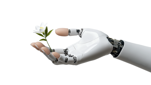 Robot Hand Holding a White Flower on a transparent background