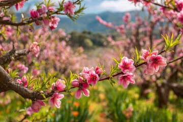 Fototapeta premium A serene landscape of blooming pink peach blossoms in springtime, with delicate flowers and soft light, creating a peaceful and picturesque scene with mountains in the distance.