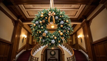 Grand Holiday Entryway with Opulent Wreath and Staircase