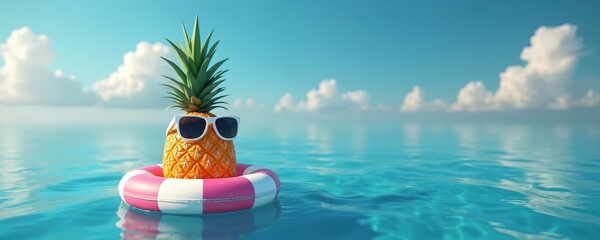 Fototapeta premium Funny pineapple wearing sunglasses floats on water with life ring. Bright sunlit day, calm ocean surface, fluffy clouds above. Tropical fruit has summer vacation time.